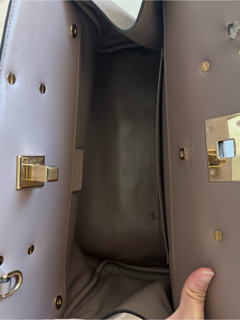 Salvatore Ferragamo Studio Leather Top Handle Bag Mud Gold Hardware - Picture 5 of 9